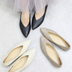 日本製 バレエ パンプス Ｖカット ポインテッドトゥ ローヒール 幅広 柔らか